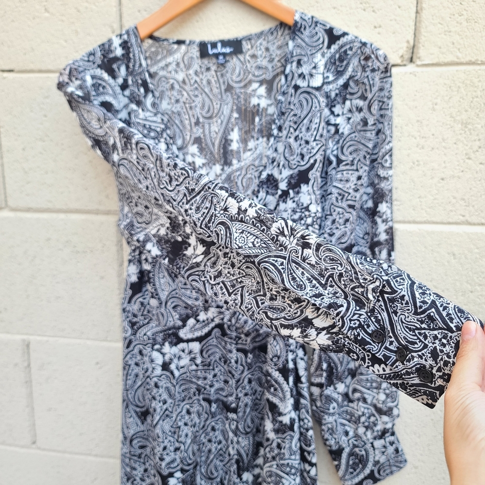 Lulu's | Love Letters Black and White Print Long Sleeve Wrap Dress NEW Size M - Picture 6 of 16